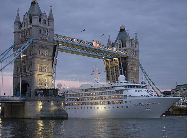 Cruise ship moored beside Tower Bridge in London