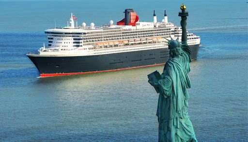 Ocean liner passing the Statue of Liberty in New York Harbor