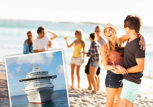 Group of friends on a beach with a cruise ship photo inset