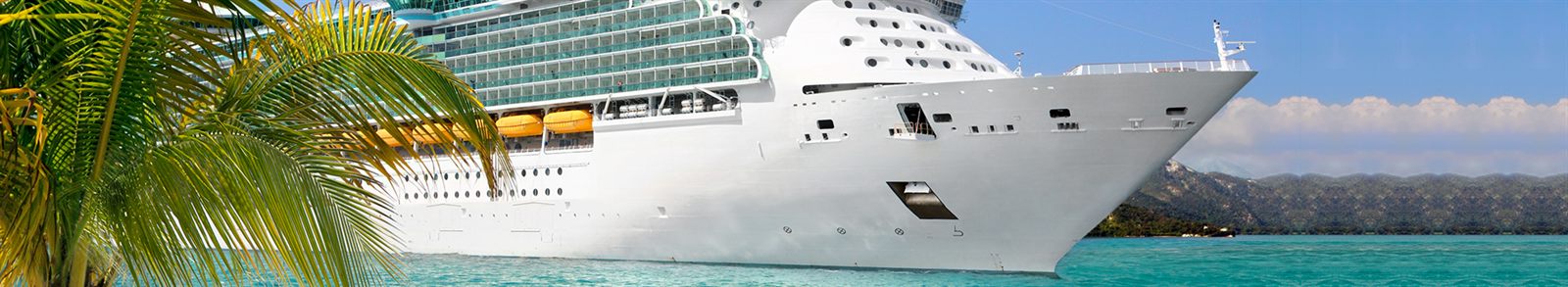 Cruise ship hull and balconies seen past palm fronds